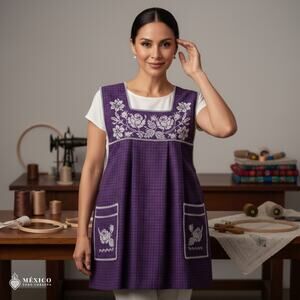 Traditional Mexican Cross-Stitch Embroidered Apron – Deluxe Artisan Smock Style